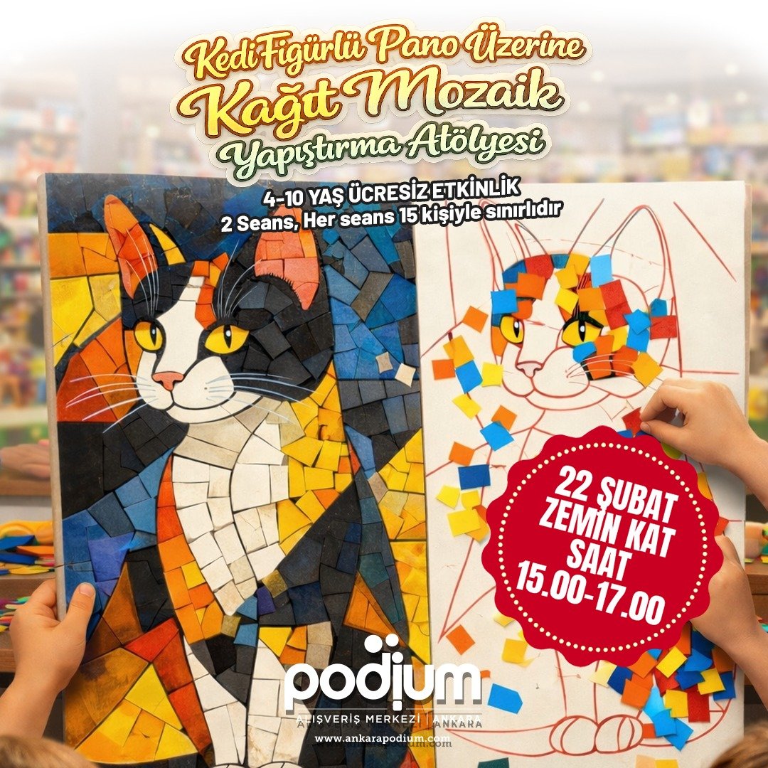 Kedi Figürlü Pano Üzerine Kağıt Mozaik Yapıştırma Atölyesi
